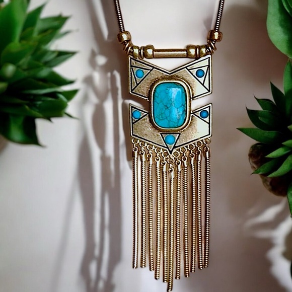 Gold Turquoise Fringe Necklace & Earring Set - Picture 15 of 16